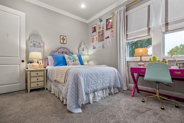 bedroom featuring ornamental molding and carpet flooring