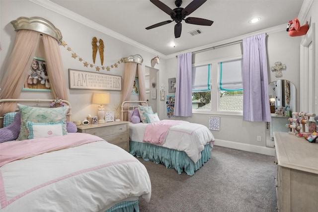 bedroom with crown molding, ceiling fan, and carpet