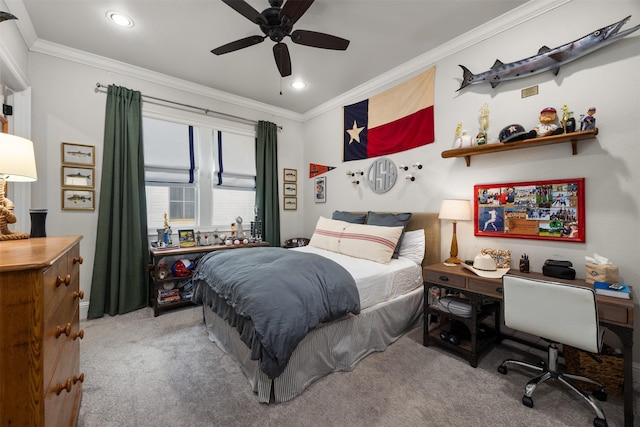 bedroom with ornamental molding, light carpet, and ceiling fan