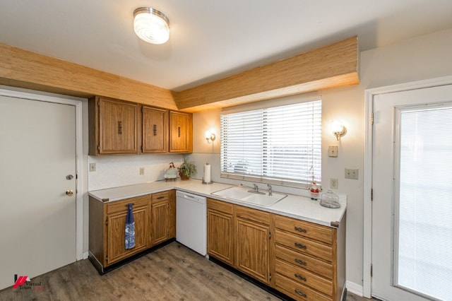 kitchen featuring dark hardwood / wood-style floors, dishwasher, and sink