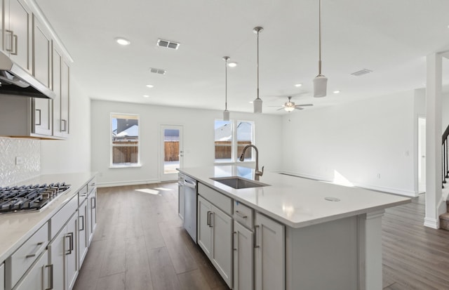 kitchen with plenty of natural light, a kitchen island with sink, ceiling fan, and sink