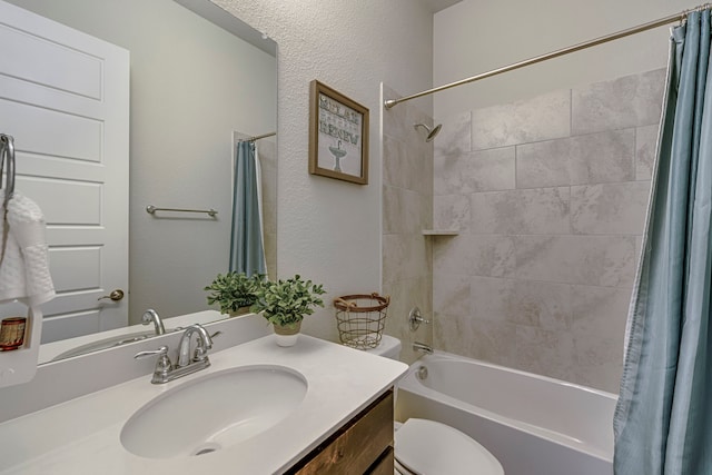 full bathroom with vanity, toilet, and shower / bathtub combination with curtain