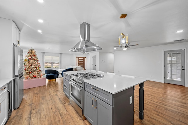 kitchen featuring a kitchen breakfast bar, stainless steel appliances, light hardwood / wood-style floors, and island range hood