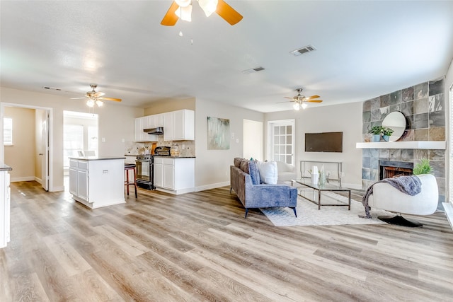 living room featuring light hardwood / wood-style floors and a fireplace