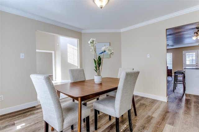 dining room featuring ceiling fan, light hardwood / wood-style floors, and crown molding