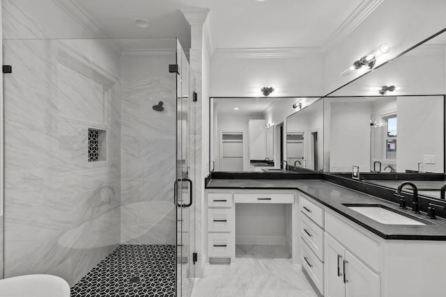 bathroom with a shower with door, ornamental molding, and vanity