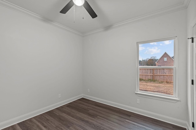 unfurnished room with crown molding, dark wood-type flooring, and ceiling fan