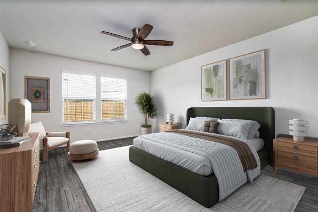 bedroom with ceiling fan and hardwood / wood-style floors