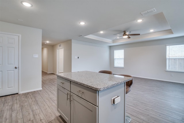 kitchen featuring light wood-type flooring, a center island, a raised ceiling, and ceiling fan