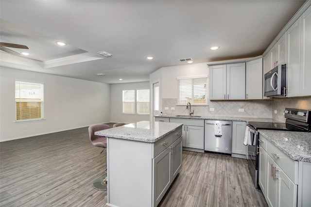 kitchen with a center island, a raised ceiling, light hardwood / wood-style flooring, appliances with stainless steel finishes, and light stone counters