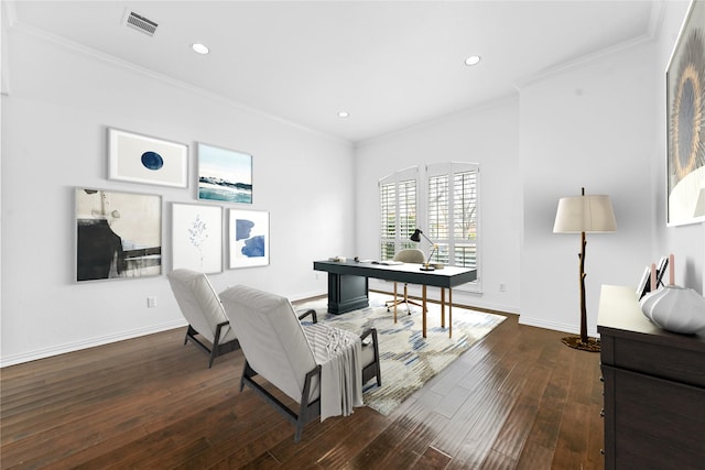 office space with dark hardwood / wood-style floors and ornamental molding