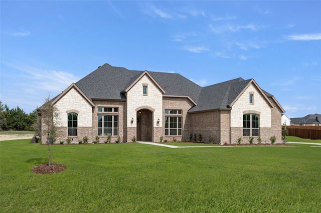 french country style house featuring a front yard, a shingled roof, stone siding, and brick siding
