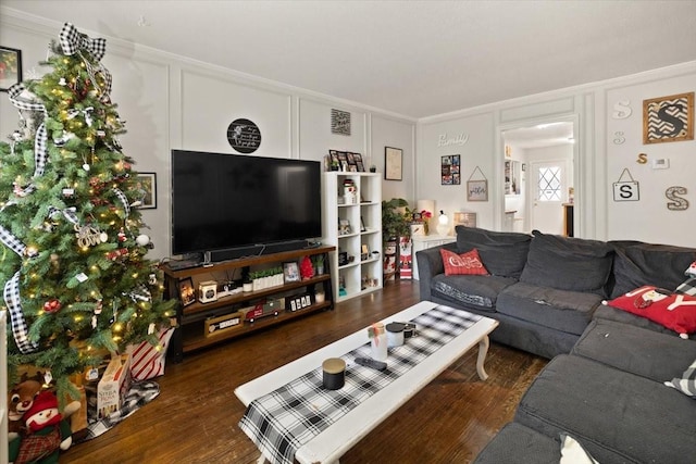 living room featuring crown molding and dark wood-type flooring