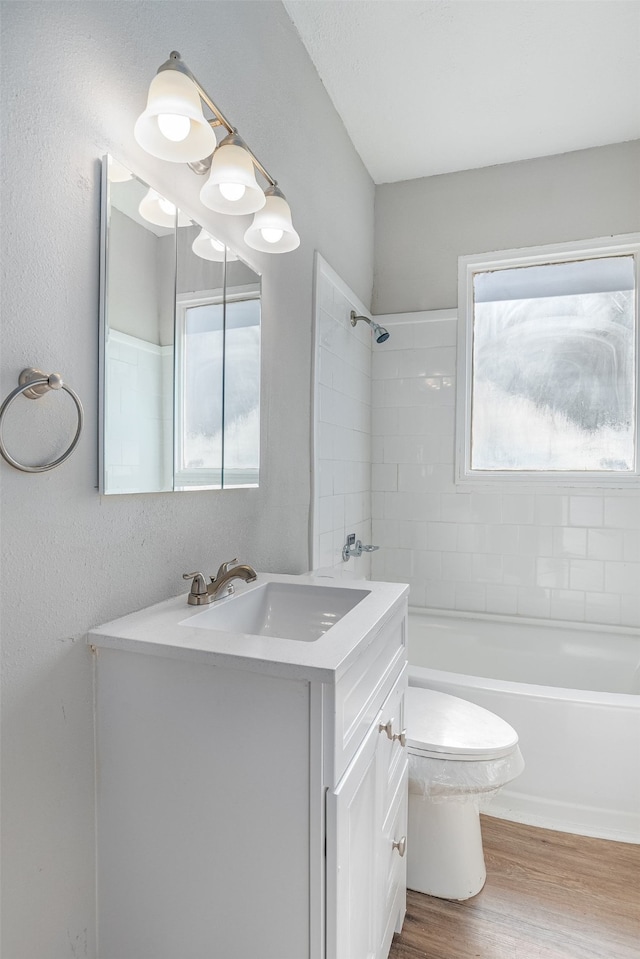 full bathroom featuring plenty of natural light, vanity, wood-type flooring, and toilet