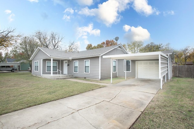 single story home featuring a front yard and a garage