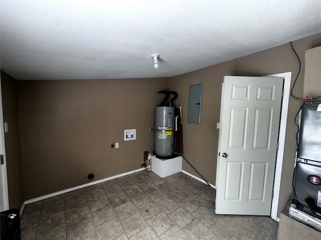 laundry area with washer hookup, a textured ceiling, electric dryer hookup, water heater, and electric panel