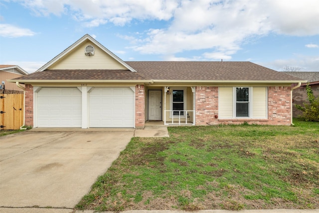 ranch-style house with a front lawn, covered porch, and a garage