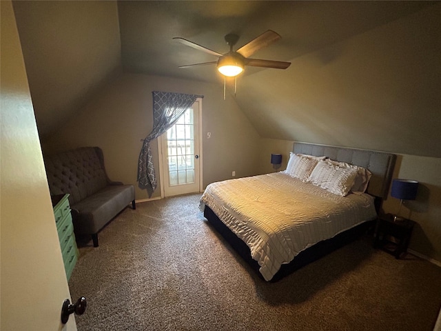 carpeted bedroom featuring access to outside, ceiling fan, and lofted ceiling