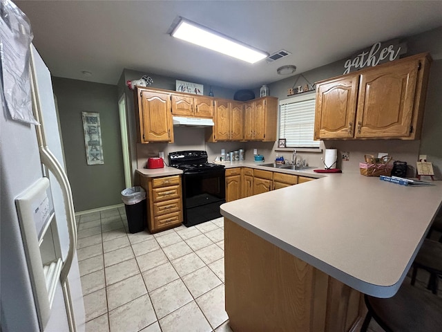 kitchen featuring sink, white fridge with ice dispenser, black electric range, and kitchen peninsula