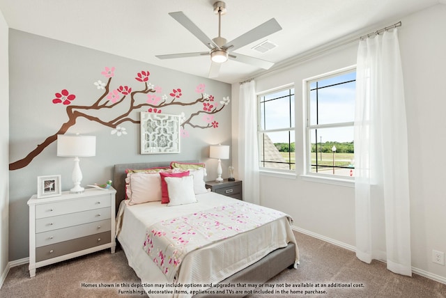 carpeted bedroom with ceiling fan