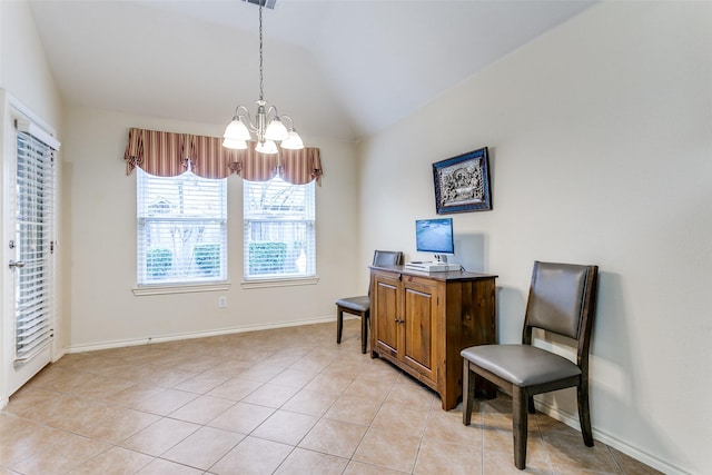 sitting room featuring a notable chandelier, light tile patterned flooring, and vaulted ceiling