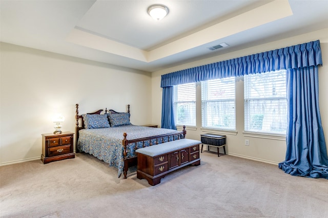 carpeted bedroom featuring a raised ceiling