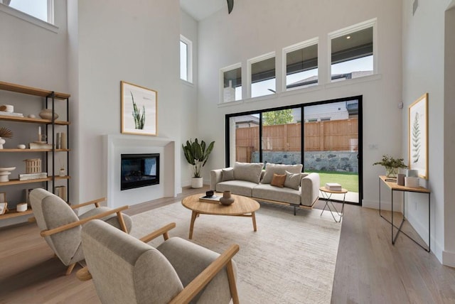 living room with light hardwood / wood-style floors and a high ceiling