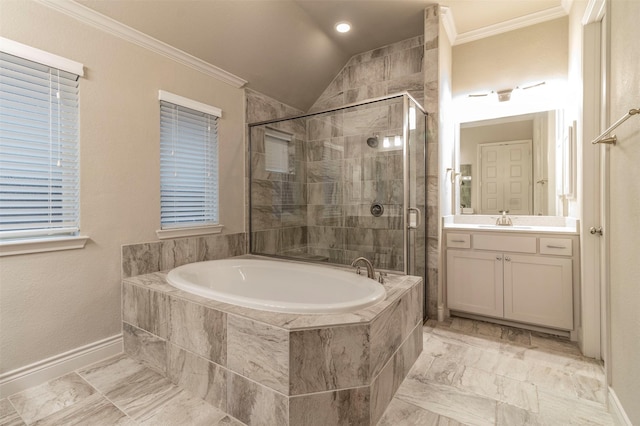 bathroom featuring ornamental molding, vanity, vaulted ceiling, and independent shower and bath