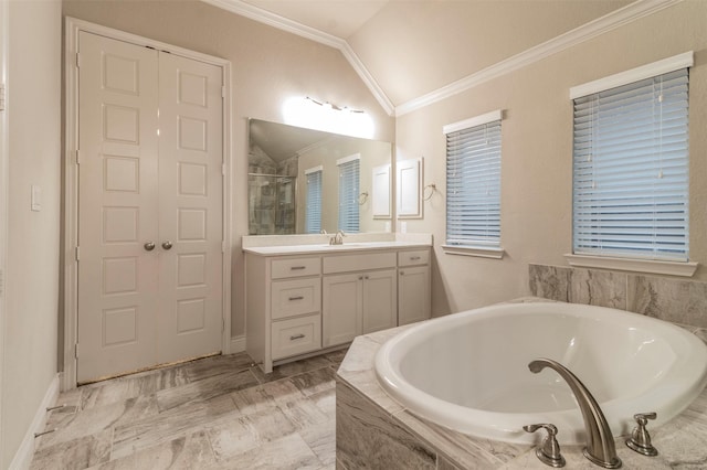 bathroom with crown molding, vanity, independent shower and bath, and lofted ceiling