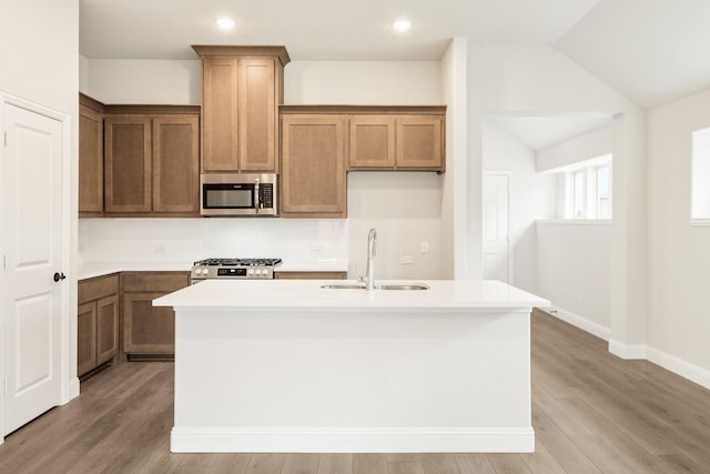 kitchen featuring appliances with stainless steel finishes, a sink, light wood-style floors, light countertops, and an island with sink
