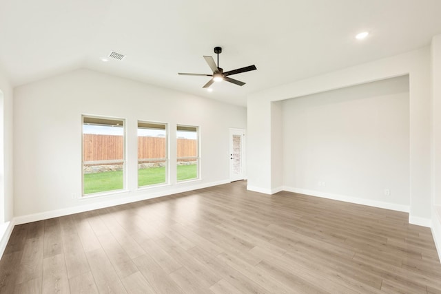 unfurnished living room featuring recessed lighting, ceiling fan, wood finished floors, and visible vents