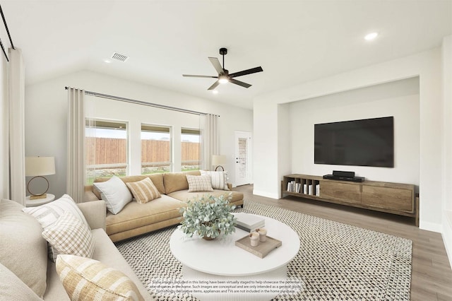 236 Cheyenne Trl, Alvarado, TX 76009 - living room featuring a ceiling fan, light wood-style flooring, lofted ceiling, recessed lighting, and baseboards