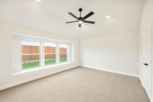 236 Cheyenne Trl, Alvarado, TX 76009 - empty room featuring ceiling fan, light carpet, lofted ceiling, baseboards, and recessed lighting