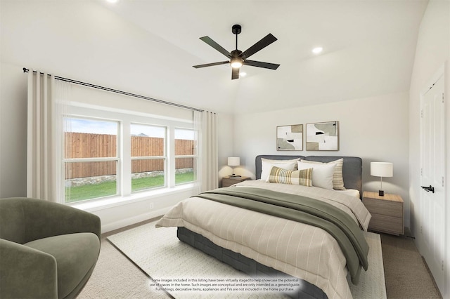 236 Cheyenne Trl, Alvarado, TX 76009 - carpeted bedroom with vaulted ceiling, baseboards, recessed lighting, and a ceiling fan