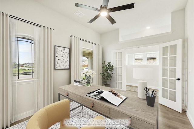 236 Cheyenne Trl, Alvarado, TX 76009 - home office featuring french doors, baseboards, ceiling fan, and light wood-style floors