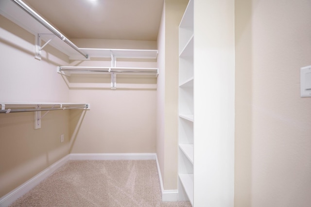 walk in closet with light carpet