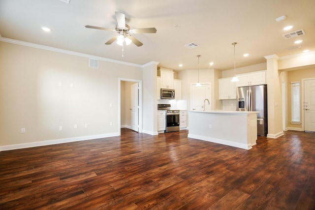 unfurnished living room featuring crown molding, ceiling fan, dark hardwood / wood-style floors, and sink