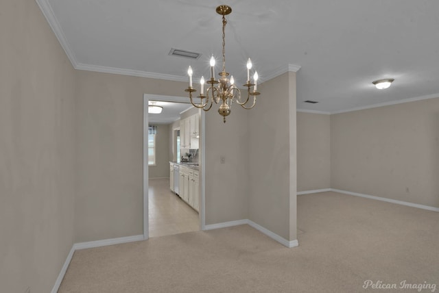 unfurnished dining area featuring a chandelier and ornamental molding