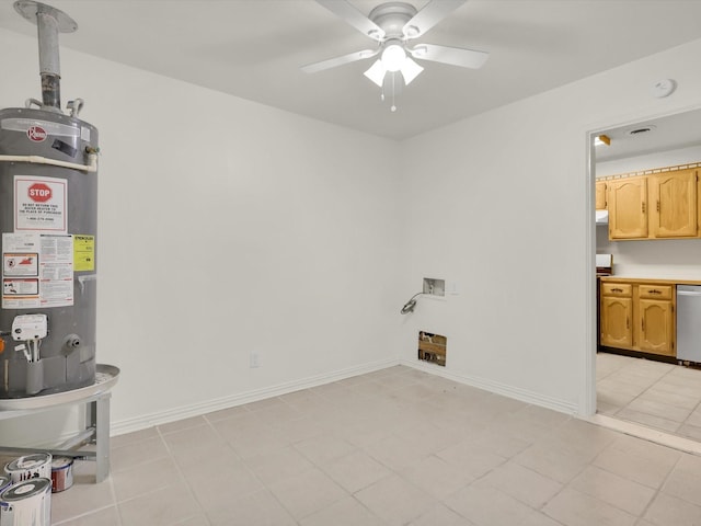 interior space featuring water heater, light tile patterned flooring, and ceiling fan