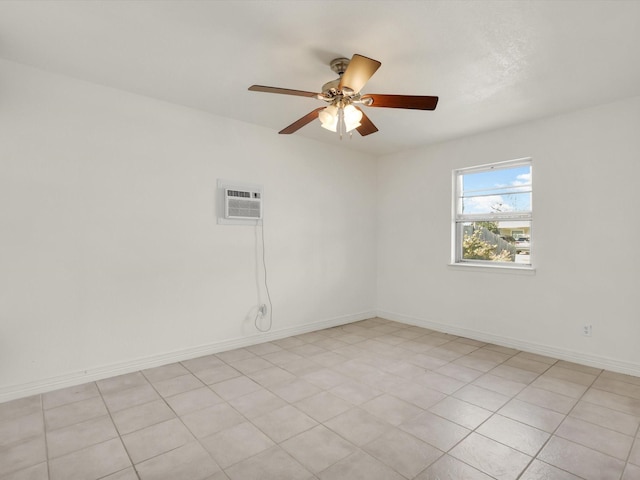 unfurnished room with ceiling fan and an AC wall unit