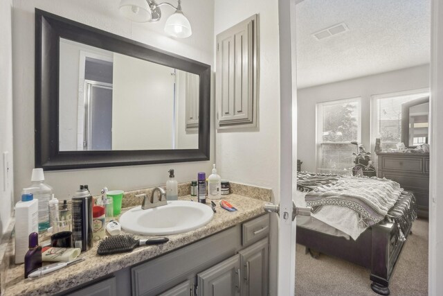 bathroom with vanity and a textured ceiling