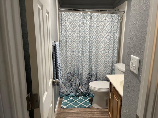 bathroom with hardwood / wood-style floors, vanity, and toilet