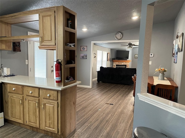 kitchen with a fireplace, dark hardwood / wood-style floors, vaulted ceiling, and ceiling fan