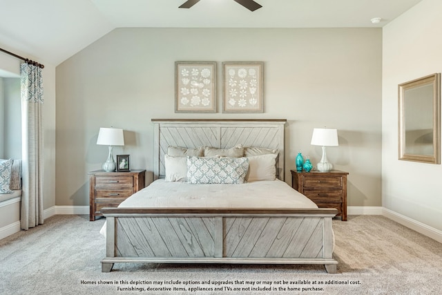 bedroom with ceiling fan, light carpet, and vaulted ceiling