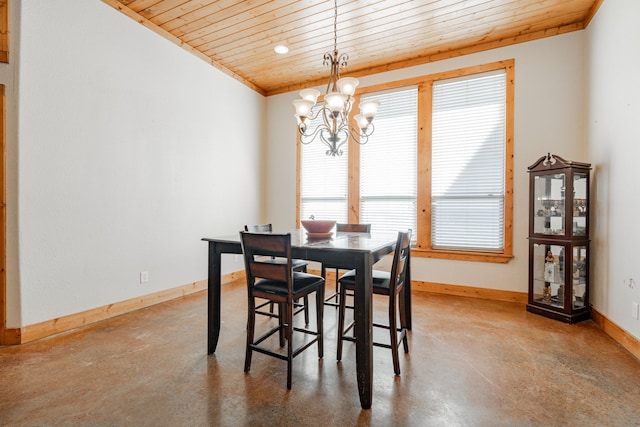 dining space featuring wood ceiling, a notable chandelier, and concrete flooring