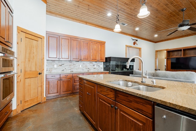 kitchen featuring wood ceiling, decorative light fixtures, stainless steel appliances, tasteful backsplash, and sink