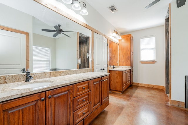 bathroom with vanity, ceiling fan, and concrete floors