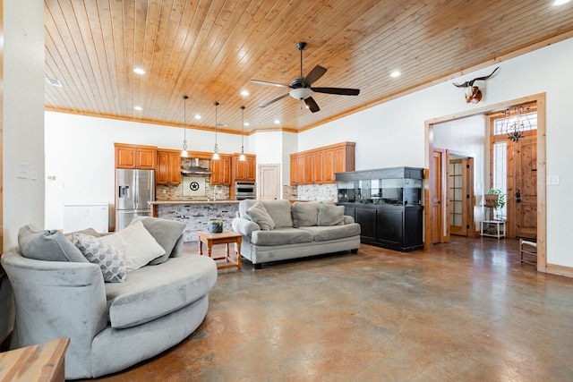 living room with concrete floors, wooden ceiling, and ornamental molding