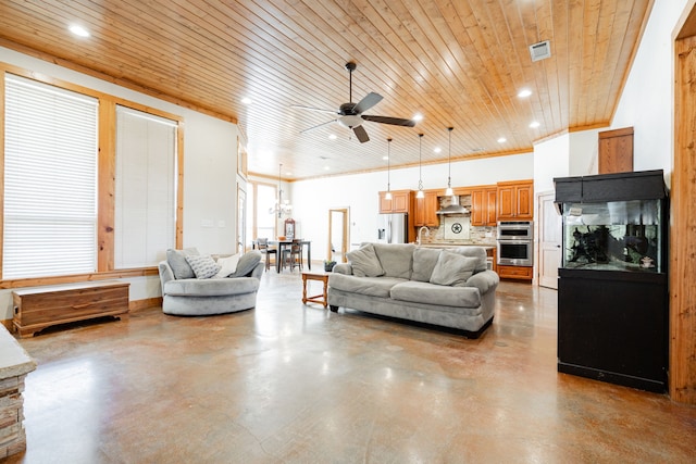 living room featuring ceiling fan, wooden ceiling, and sink