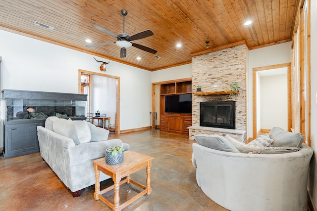 living room with built in features, a stone fireplace, wood ceiling, and concrete flooring